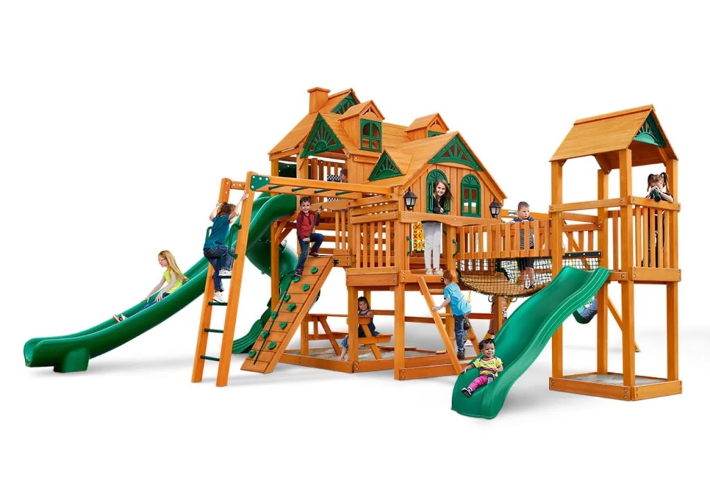 Gorilla Playsets Empire Extreme Wooden Swing Set with Monkey Bars Clatter Bridge and Tower and 3 Slides