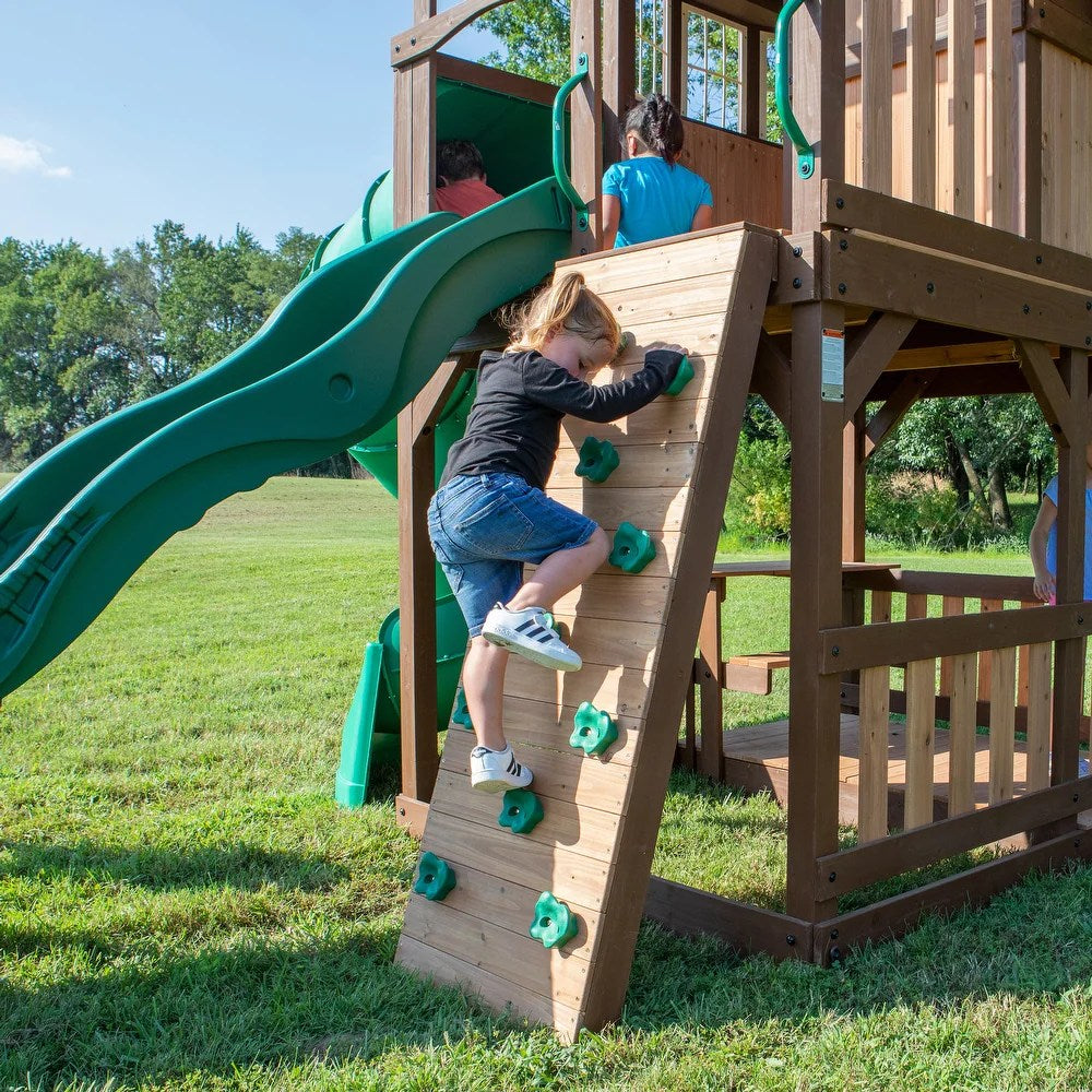 Backyard Discovery Skyfort with Tube Slide Premium All Cedar Wooden Swing Set for Outdoor Fun